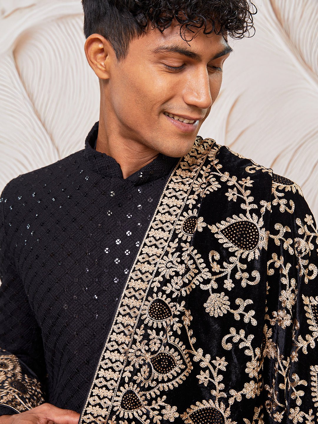 vastramayMen's Black Sequin Sherwani Set with Kurta Pyjama & Embroidered Velvet Dupatta