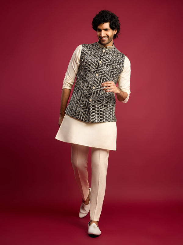 vastramayMen's Black Sequin & Thread Embroidered Nehru Jacket with Cream Satin Kurta & Pants Set