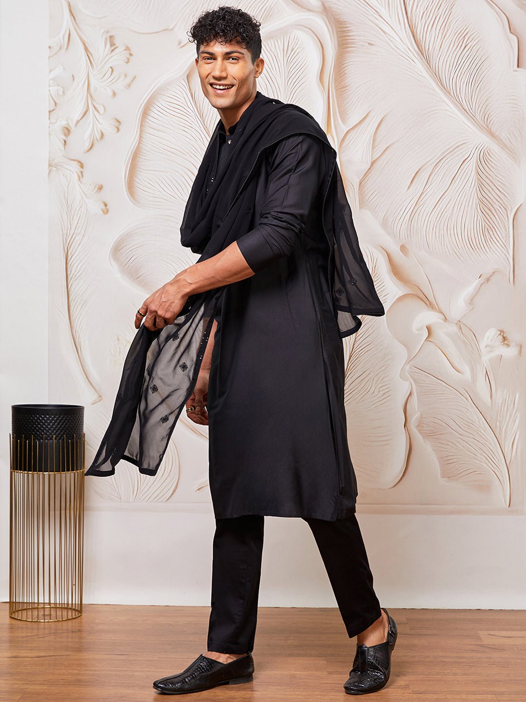 vastramayMen's Black Silk Blend Kurta Pyjama Dupatta Set