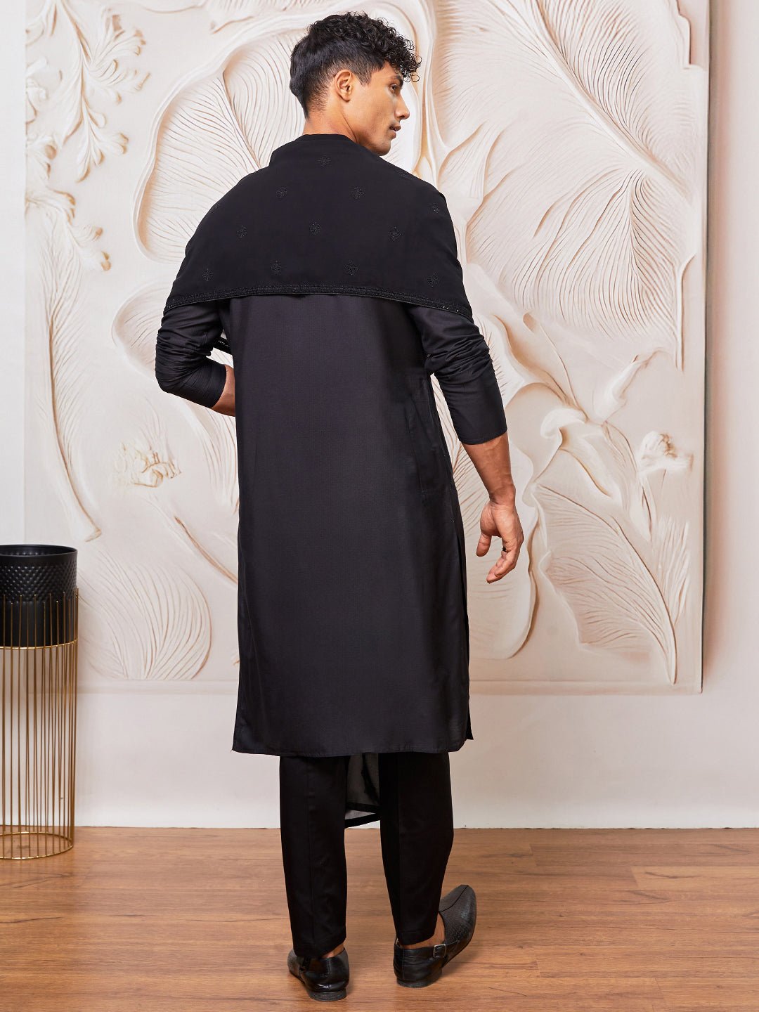 vastramayMen's Black Silk Blend Kurta Pyjama Dupatta Set