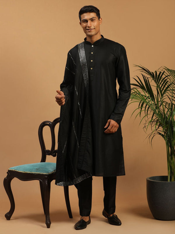 vastramayMen's Black Silk Blend Kurta Pyjama Set with Mirror Work Dupatta