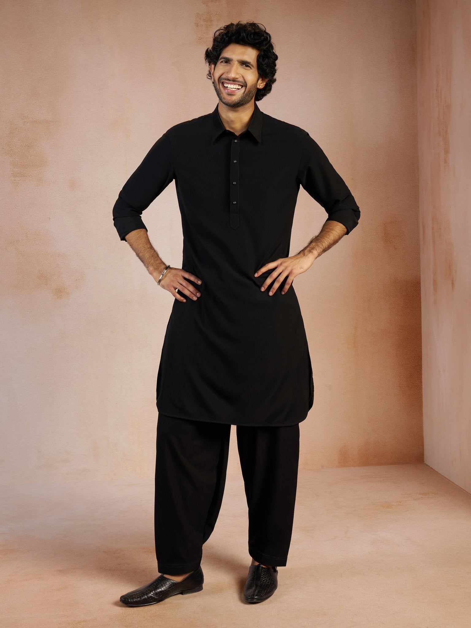 vastramayMen's Black Solid Silk Blend Pathani Kurta with Patiala Pyjama Set