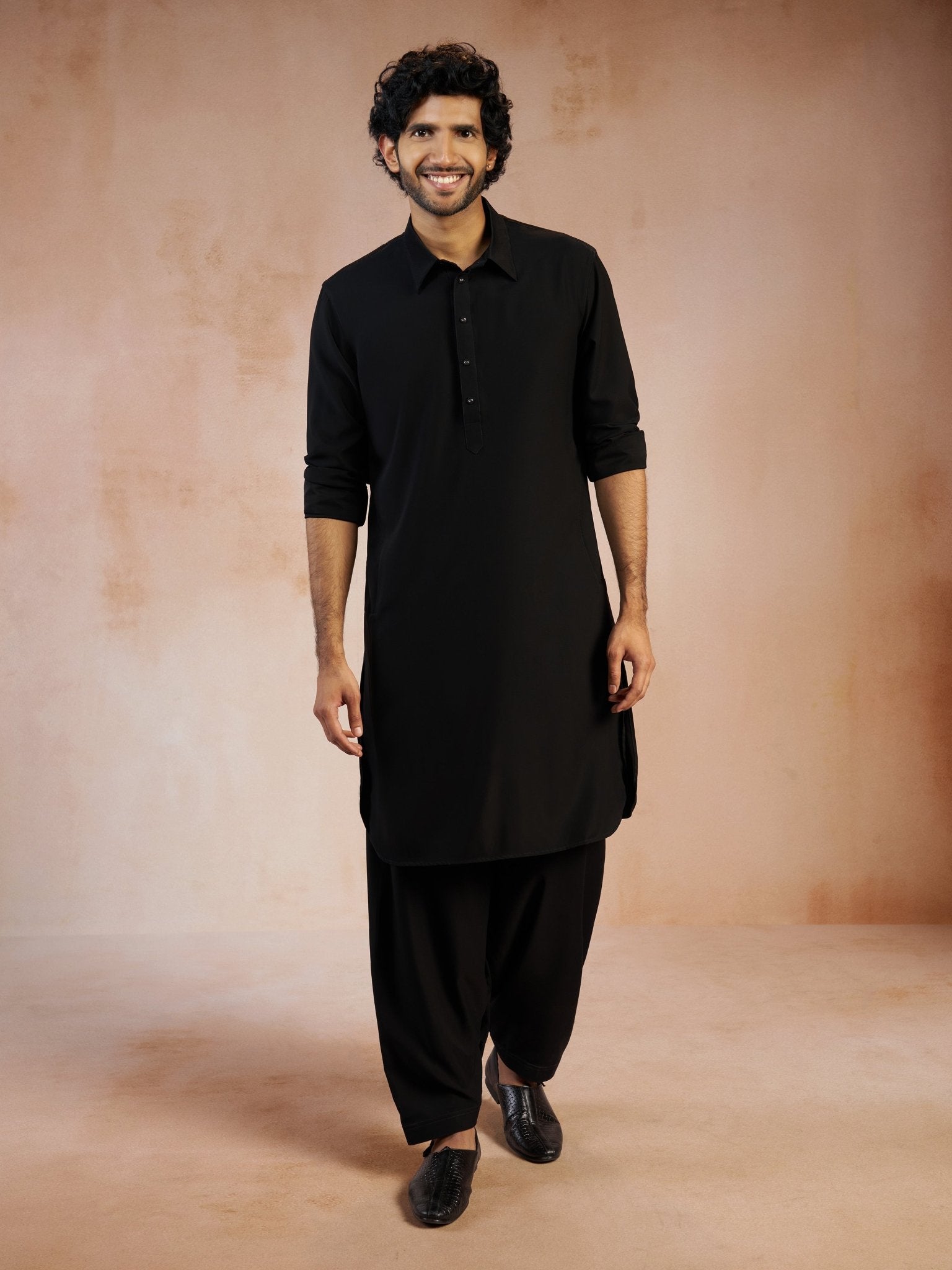 vastramayMen's Black Solid Silk Blend Pathani Kurta with Patiala Pyjama Set