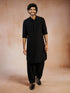 vastramayMen's Black Solid Silk Blend Pathani Kurta with Patiala Pyjama Set