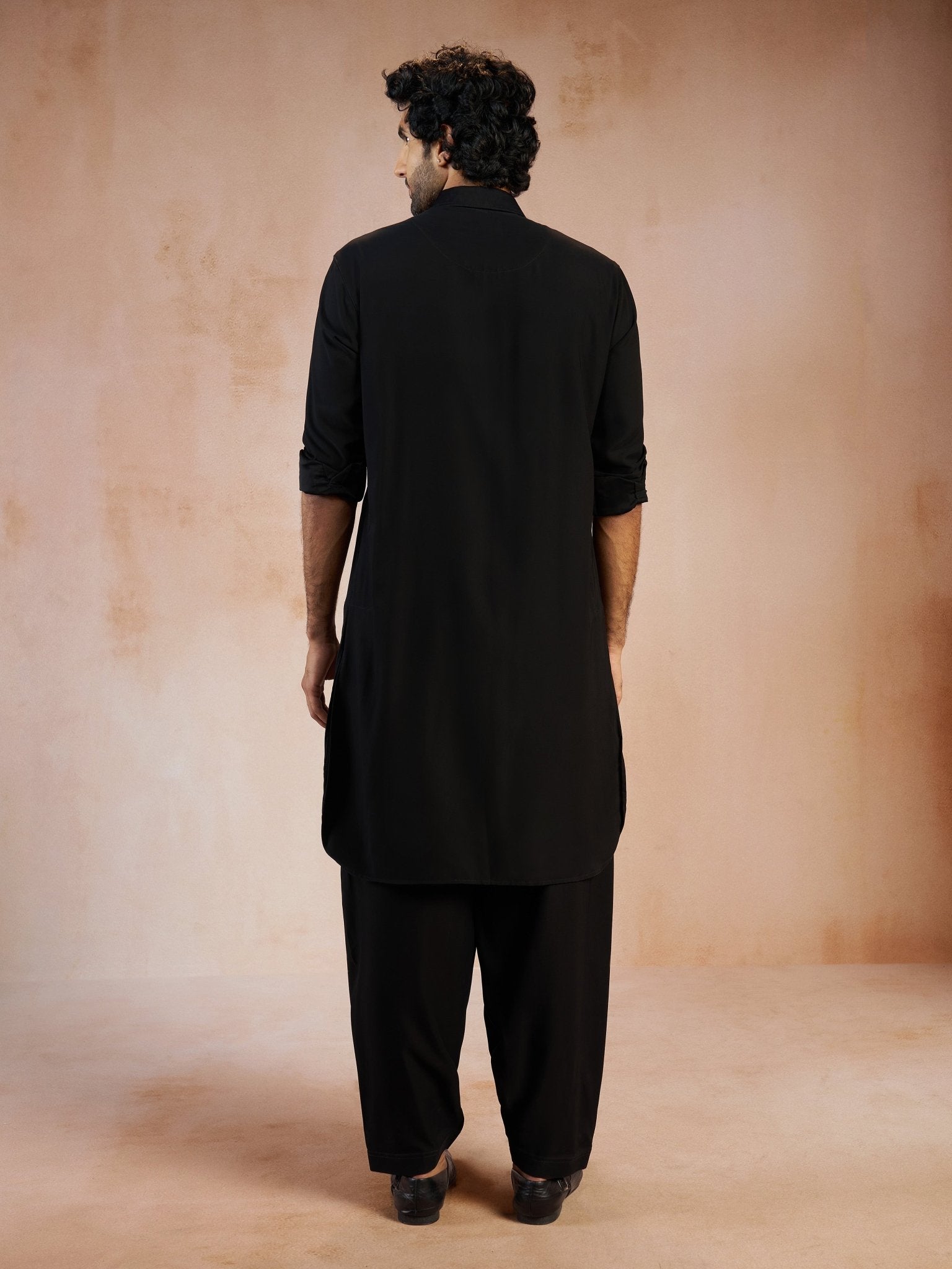 vastramayMen's Black Solid Silk Blend Pathani Kurta with Patiala Pyjama Set