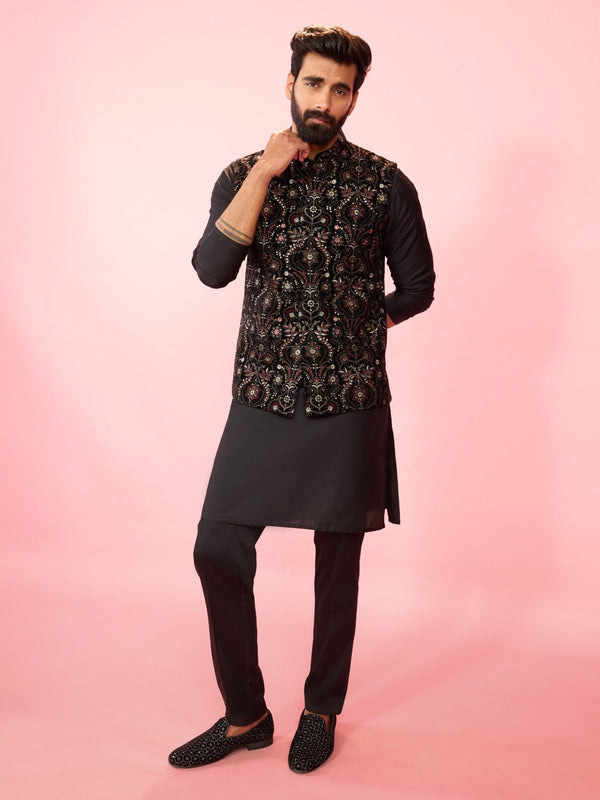vastramayMen's Black Velvet Geometric Sequin Nehru Jacket with Silk Kurta & Cotton Pant Pyjama 3 - Piece Set