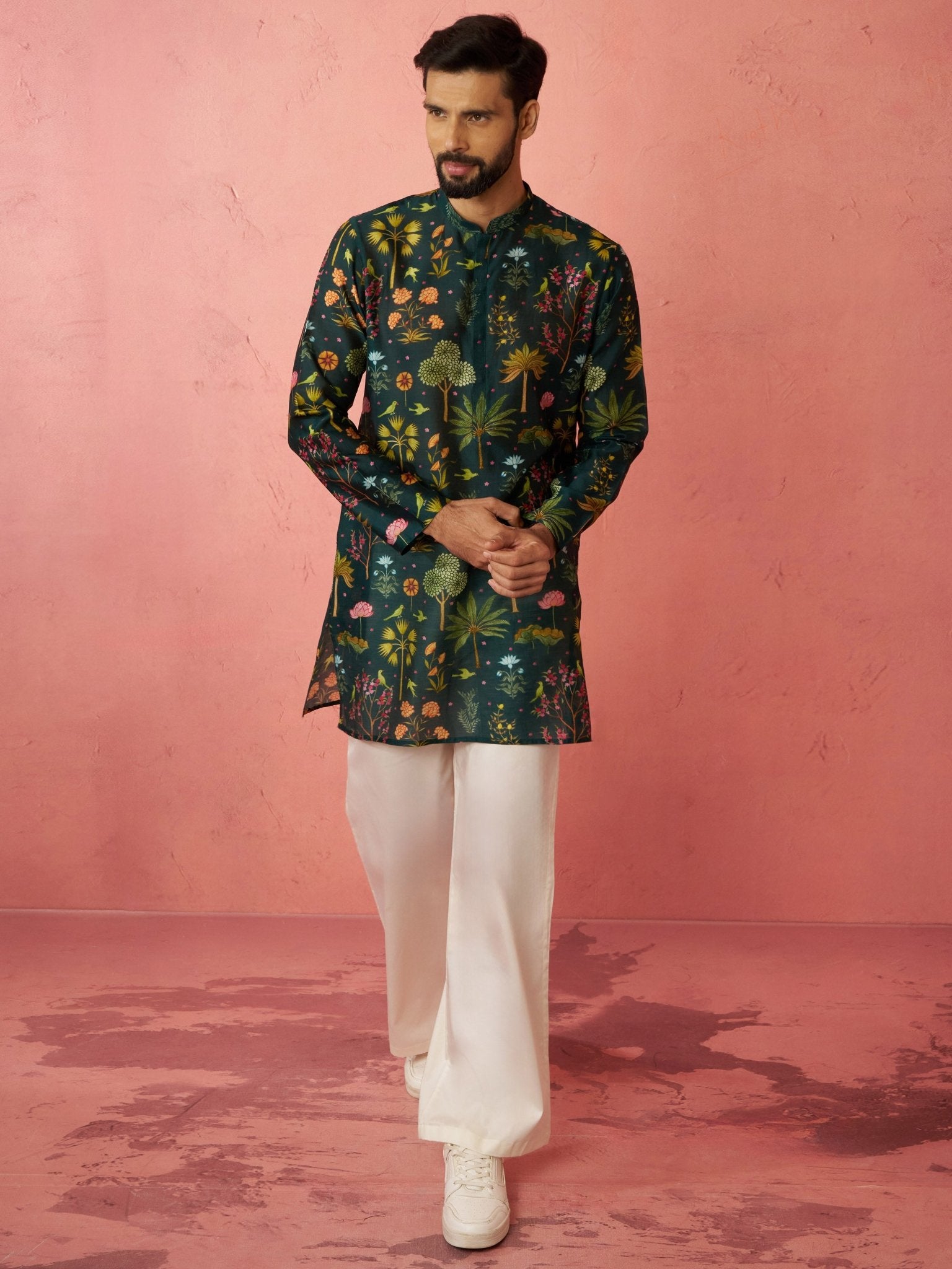 vastramayMen's Bottle Green Digital Print Kurta with Cream Satin Palazzo Set