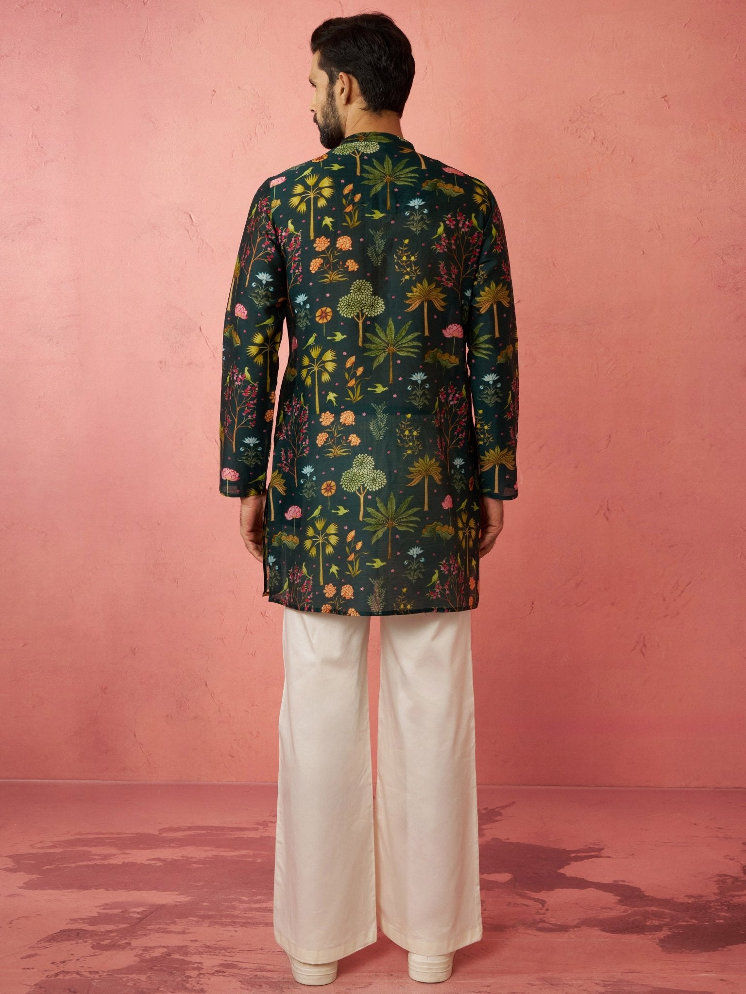 vastramayMen's Bottle Green Digital Print Kurta with Cream Satin Palazzo Set