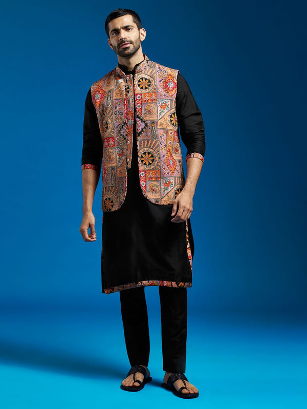 vastramayMen's Chiku Embroidered Nehru Jacket Set with Black Printed Kurta & Fine Satin Pyjama