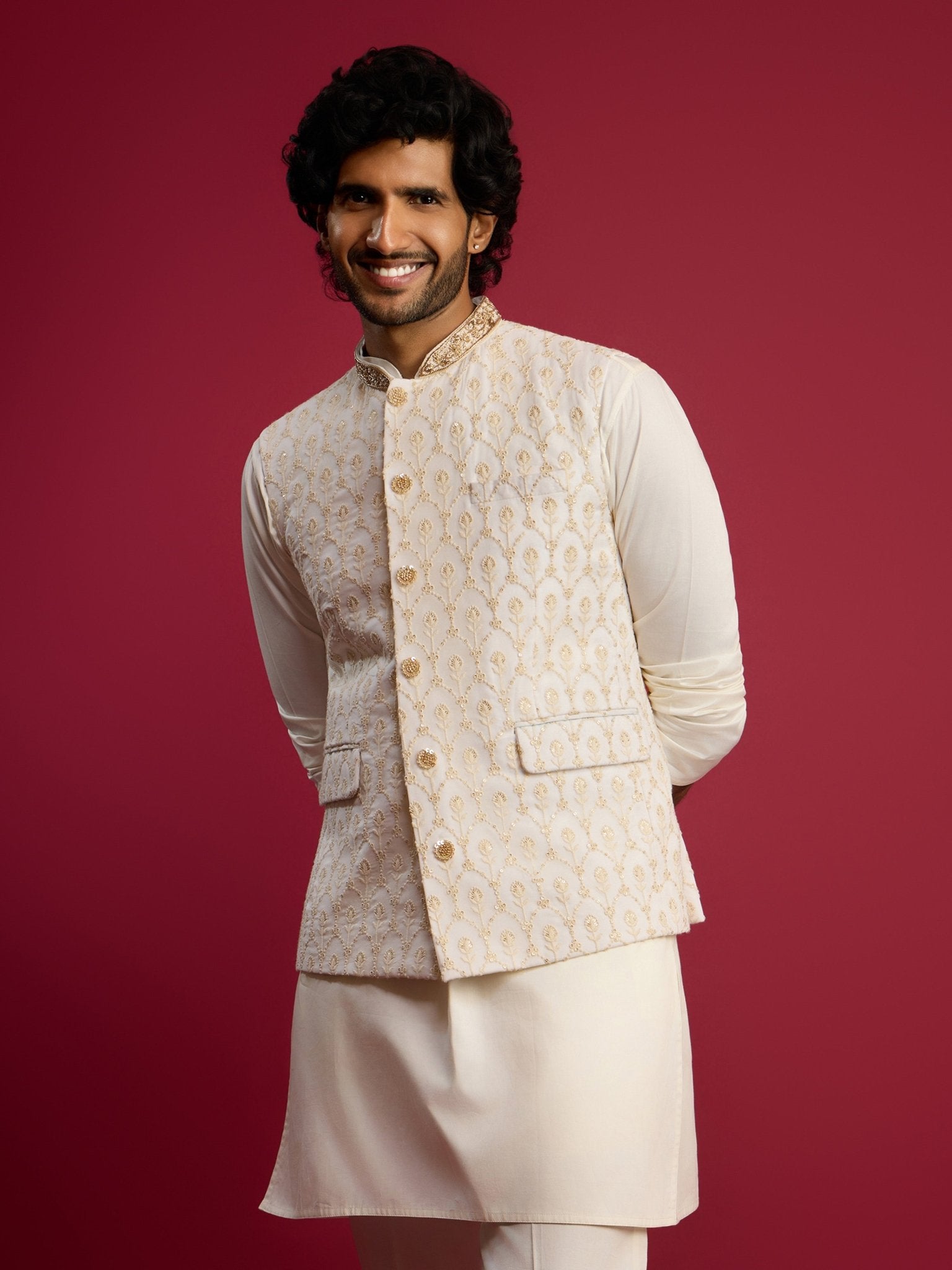vastramayMen's Cream Embroidered Georgette Nehru Jacket