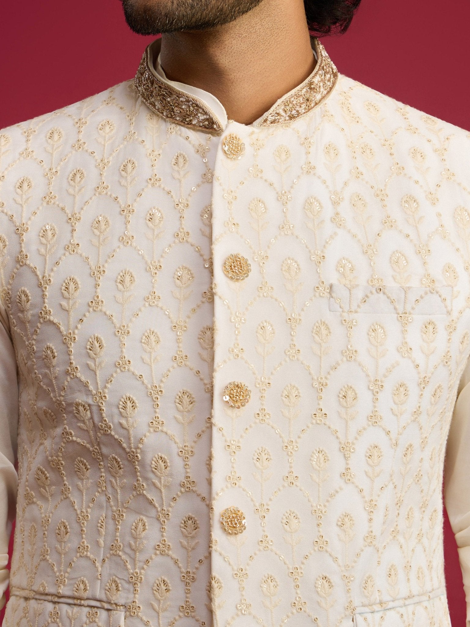 vastramayMen's Cream Embroidered Georgette Nehru Jacket