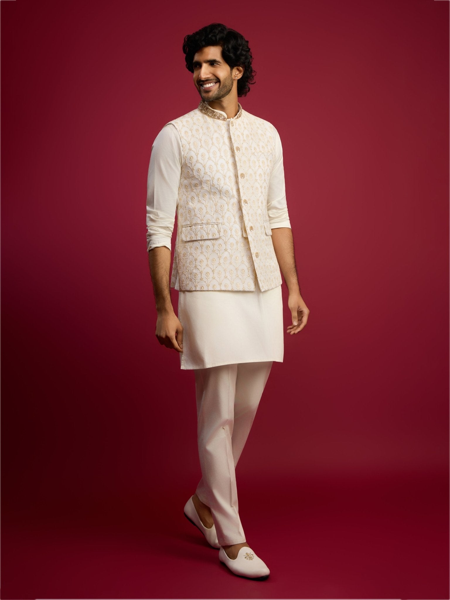 vastramayMen's Cream Embroidered Georgette Nehru Jacket