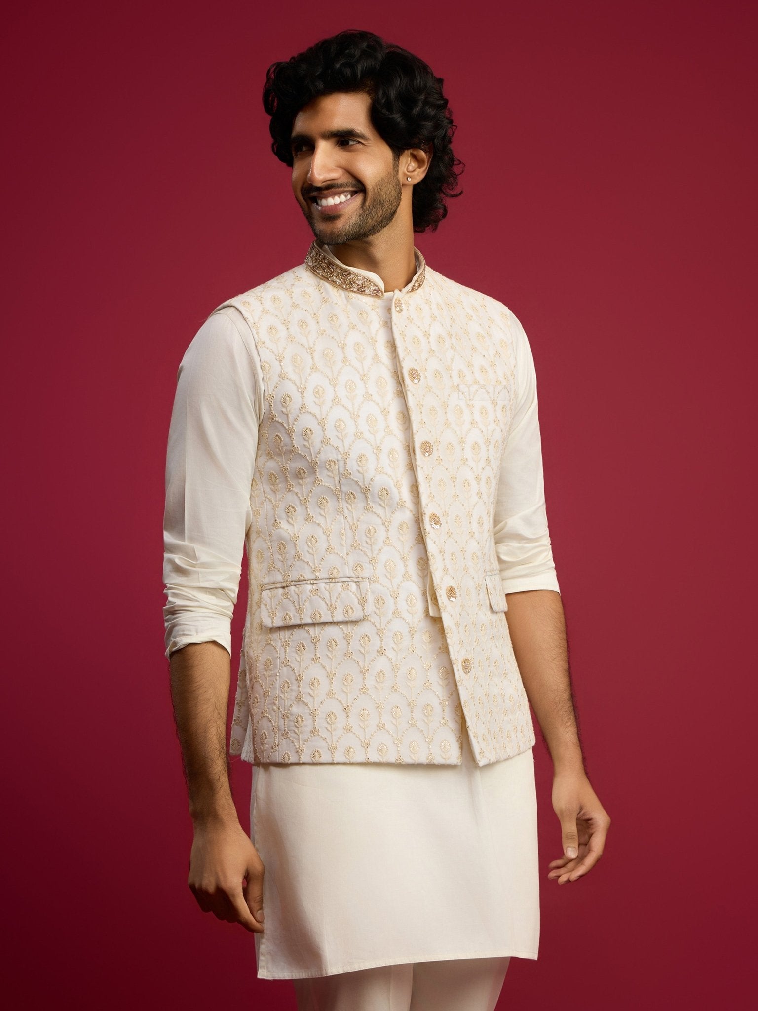 vastramayMen's Cream Embroidered Georgette Nehru Jacket