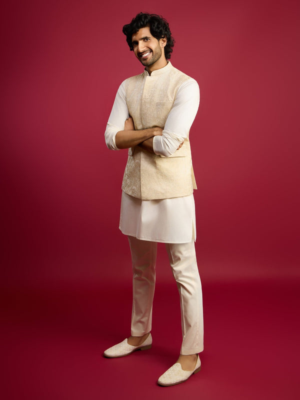 vastramayMen's Cream Floral Embroidered Nehru Jacket Set with Fine Satin Kurta & Pant Style Pyjama