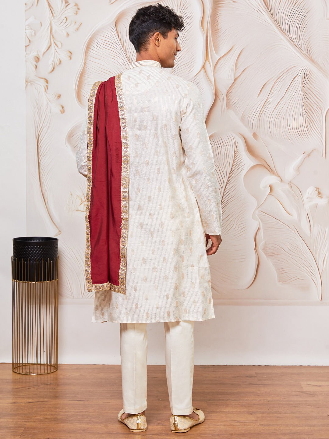 vastramayMen's Cream Gold Jacquard Zari Kurta with Pyjama and Maroon Lace Border Dupatta Set