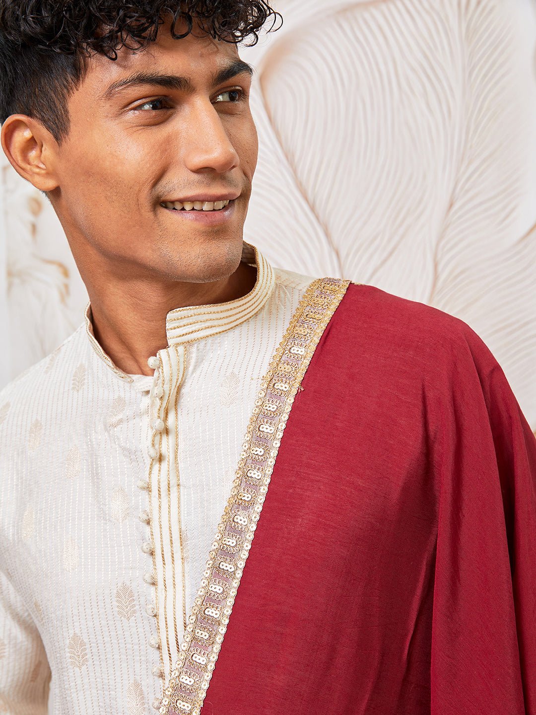 vastramayMen's Cream Gold Jacquard Zari Kurta with Pyjama and Maroon Lace Border Dupatta Set
