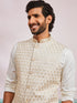 vastramayMen's Cream Kurta Pyjama Set with Off White Embroidered Nehru Jacket