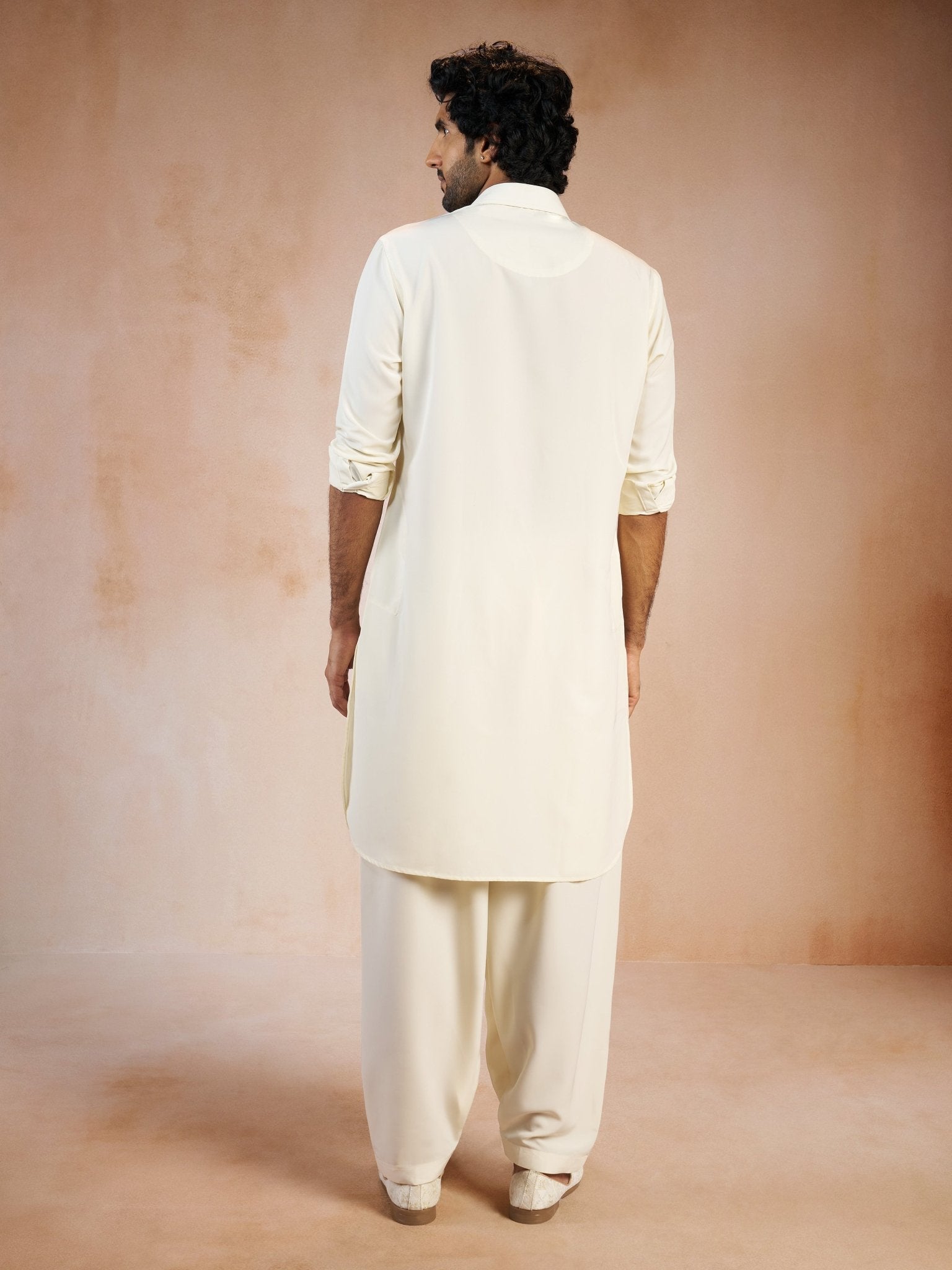 vastramayMen's Cream Solid Silk Blend Pathani Kurta with Patiala Pyjama Set