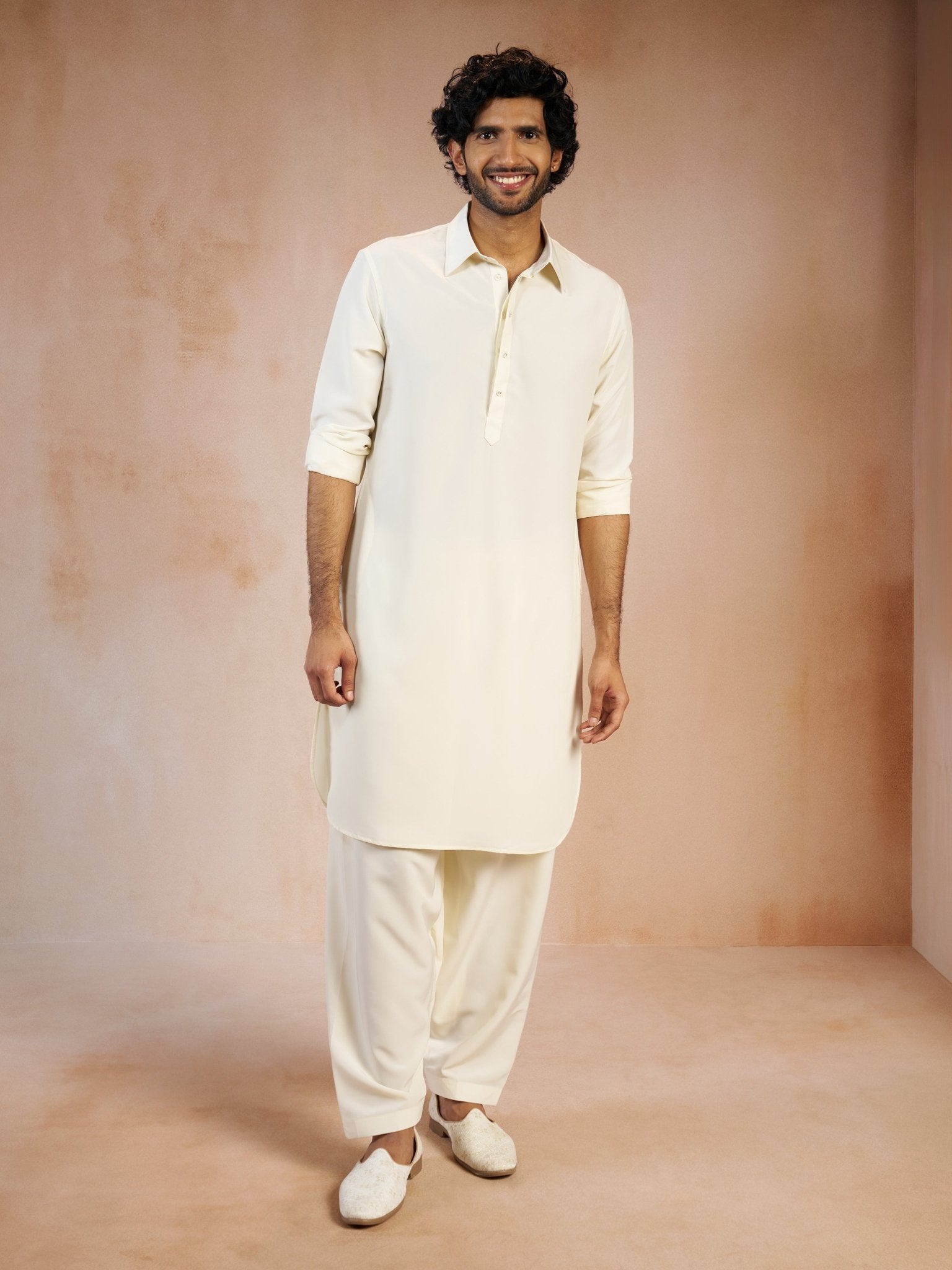 vastramayMen's Cream Solid Silk Blend Pathani Kurta with Patiala Pyjama Set
