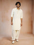 vastramayMen's Cream Solid Silk Blend Pathani Kurta with Patiala Pyjama Set
