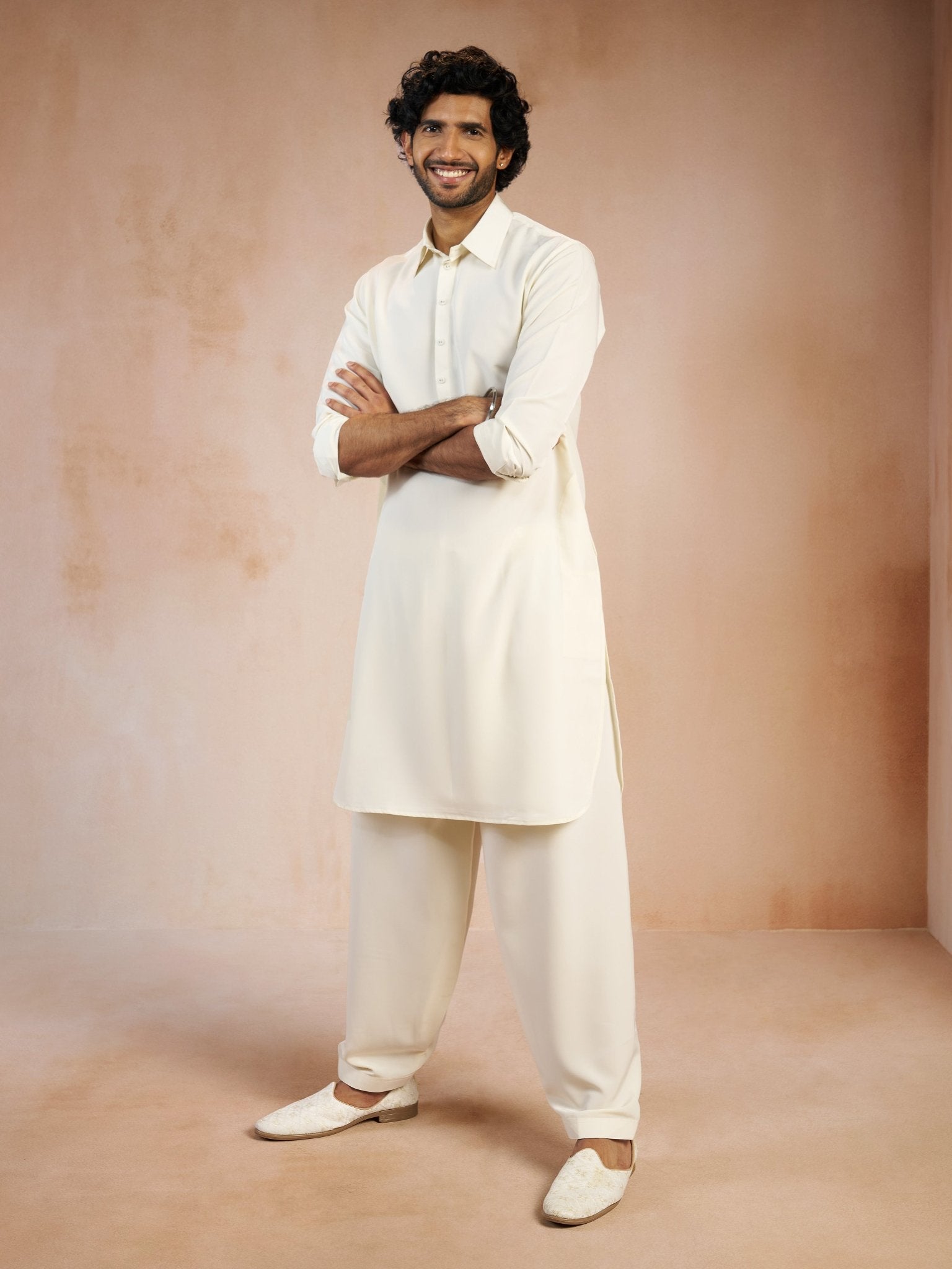 vastramayMen's Cream Solid Silk Blend Pathani Kurta with Patiala Pyjama Set