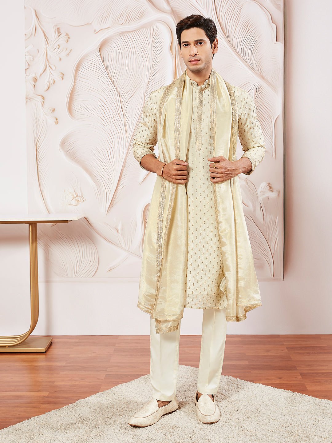 vastramayMen's Cream Tissue Silk Zari Kurta with Satin Pyjama and Lace Dupatta Set