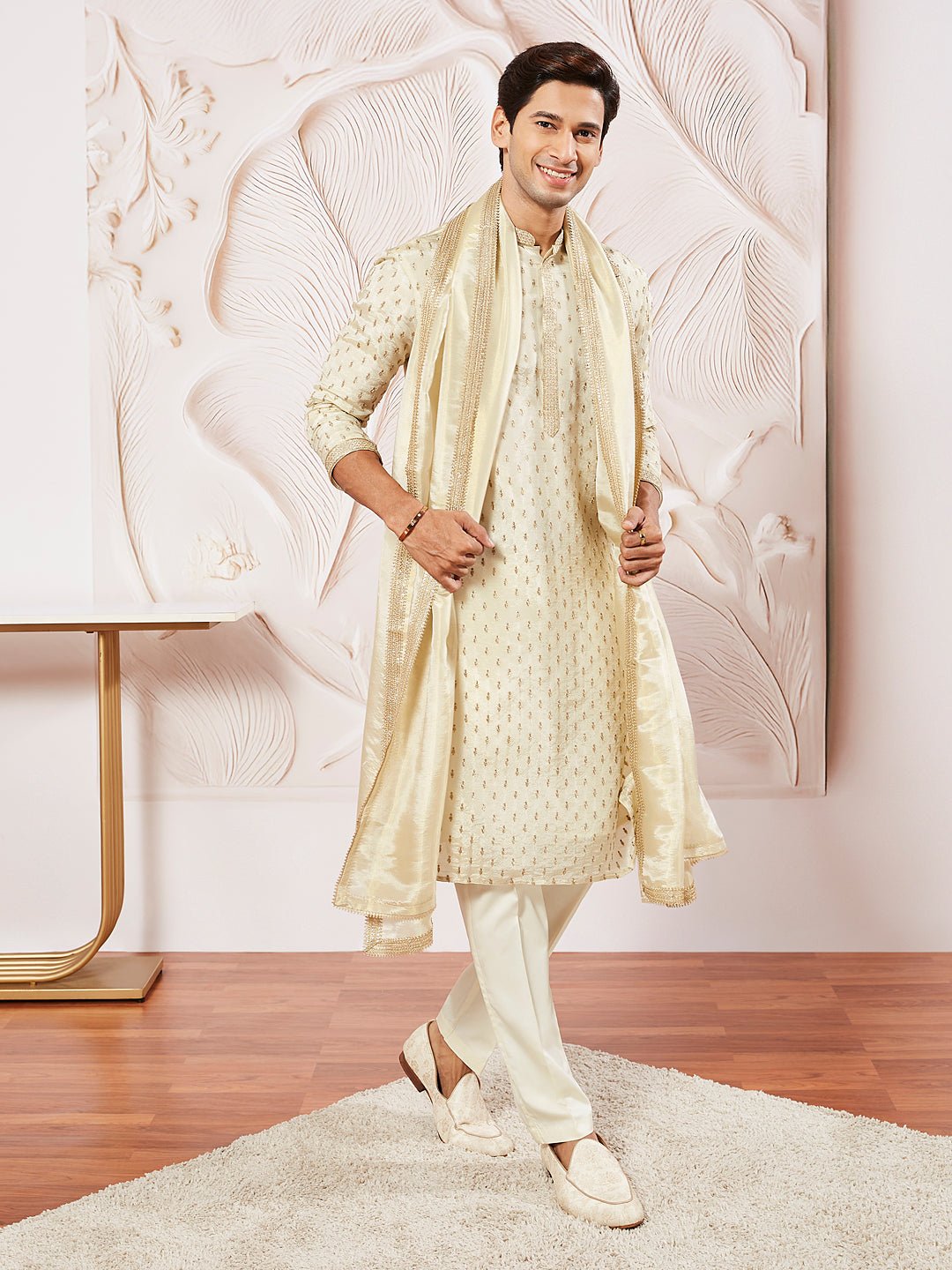 vastramayMen's Cream Tissue Silk Zari Kurta with Satin Pyjama and Lace Dupatta Set