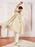 vastramayMen's Cream Tissue Silk Zari Kurta with Satin Pyjama and Lace Dupatta Set