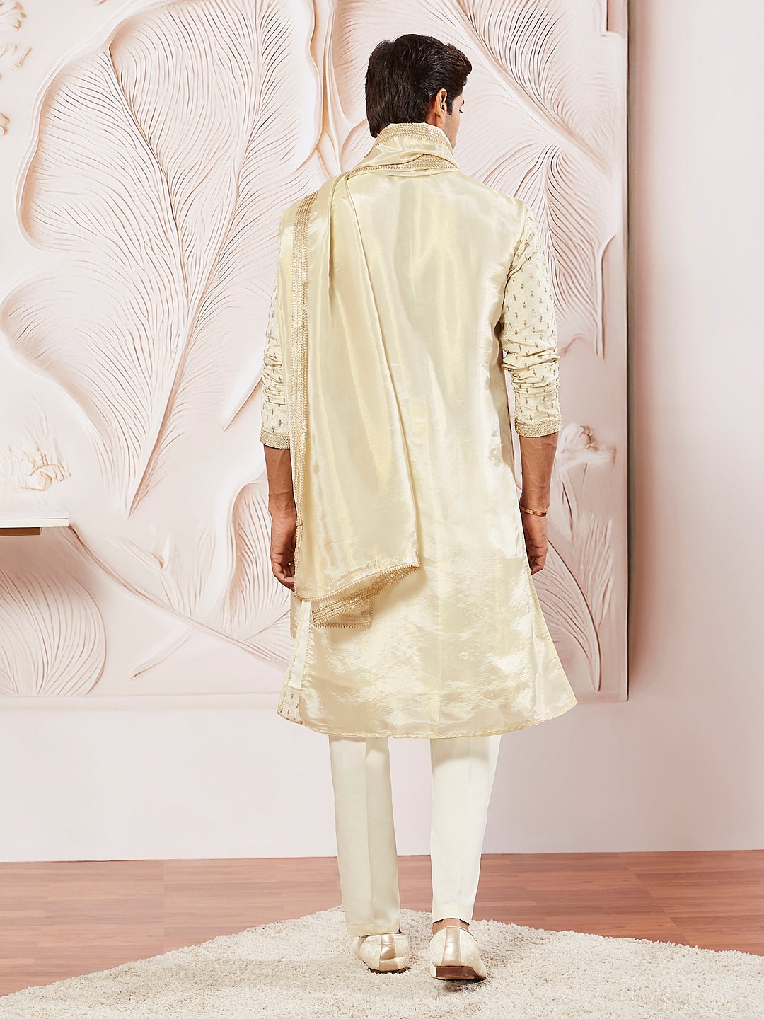 vastramayMen's Cream Tissue Silk Zari Kurta with Satin Pyjama and Lace Dupatta Set