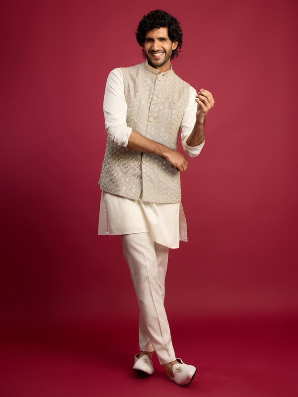 vastramayMen's Grey Chikankari Nehru Jacket with Cream Satin Kurta Pant Set