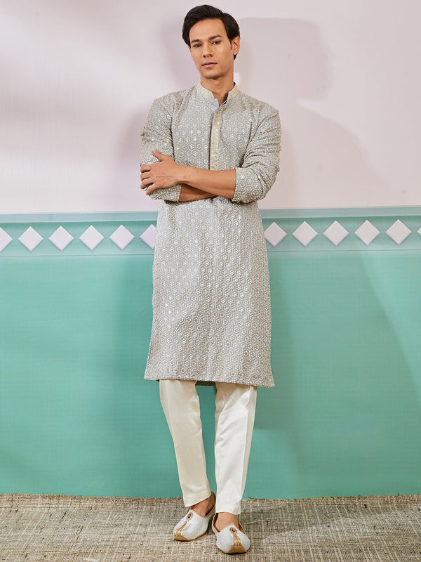 vastramayMen's Grey Chikankari Rayon Kurta with Cream Fine Satin Pyjama