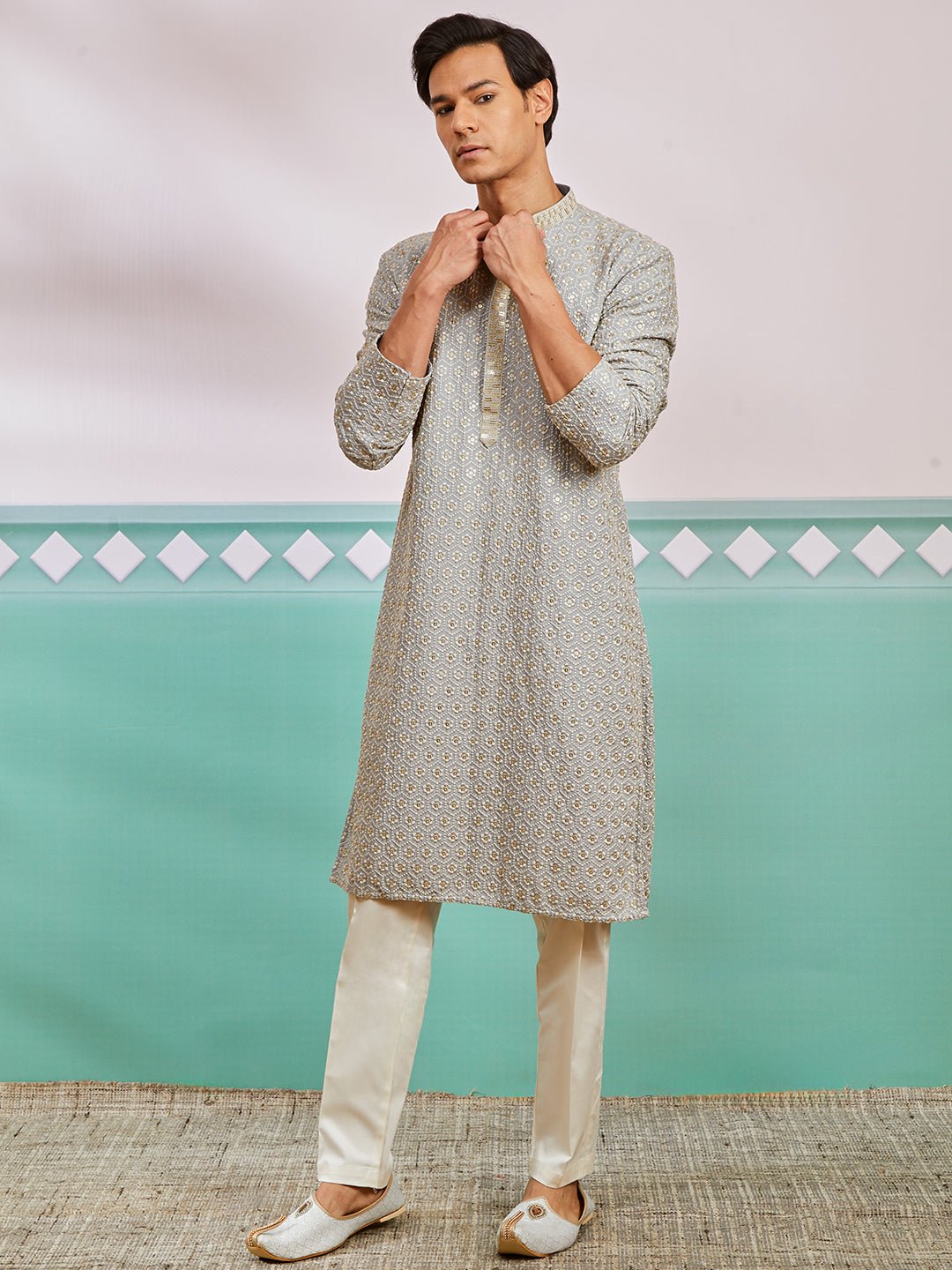 vastramayMen's Grey Chikankari Rayon Kurta with Cream Fine Satin Pyjama