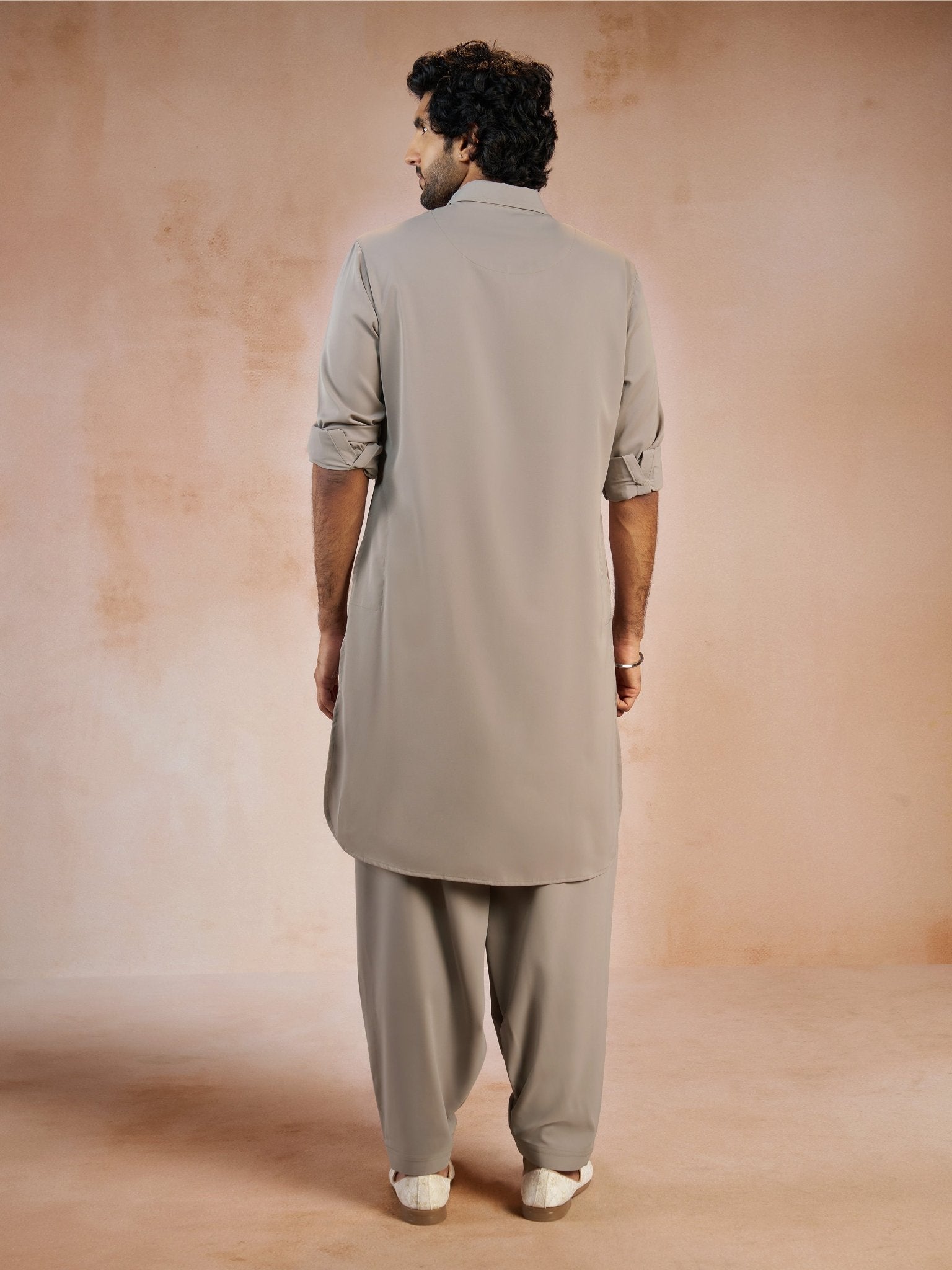 vastramayMen's Grey Solid Silk Blend Pathani Kurta with Patiala Pyjama Set