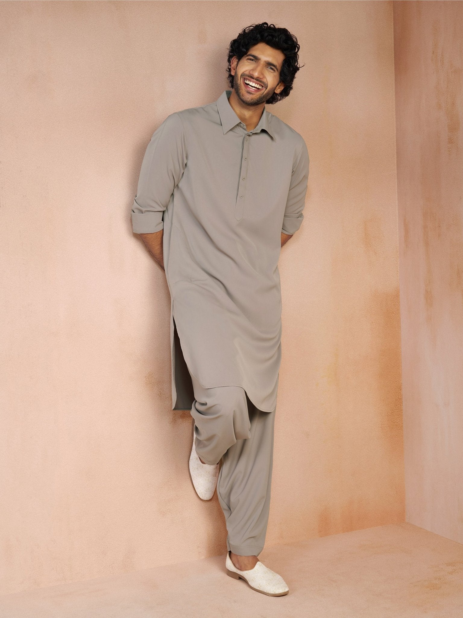 vastramayMen's Grey Solid Silk Blend Pathani Kurta with Patiala Pyjama Set