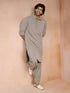 vastramayMen's Grey Solid Silk Blend Pathani Kurta with Patiala Pyjama Set