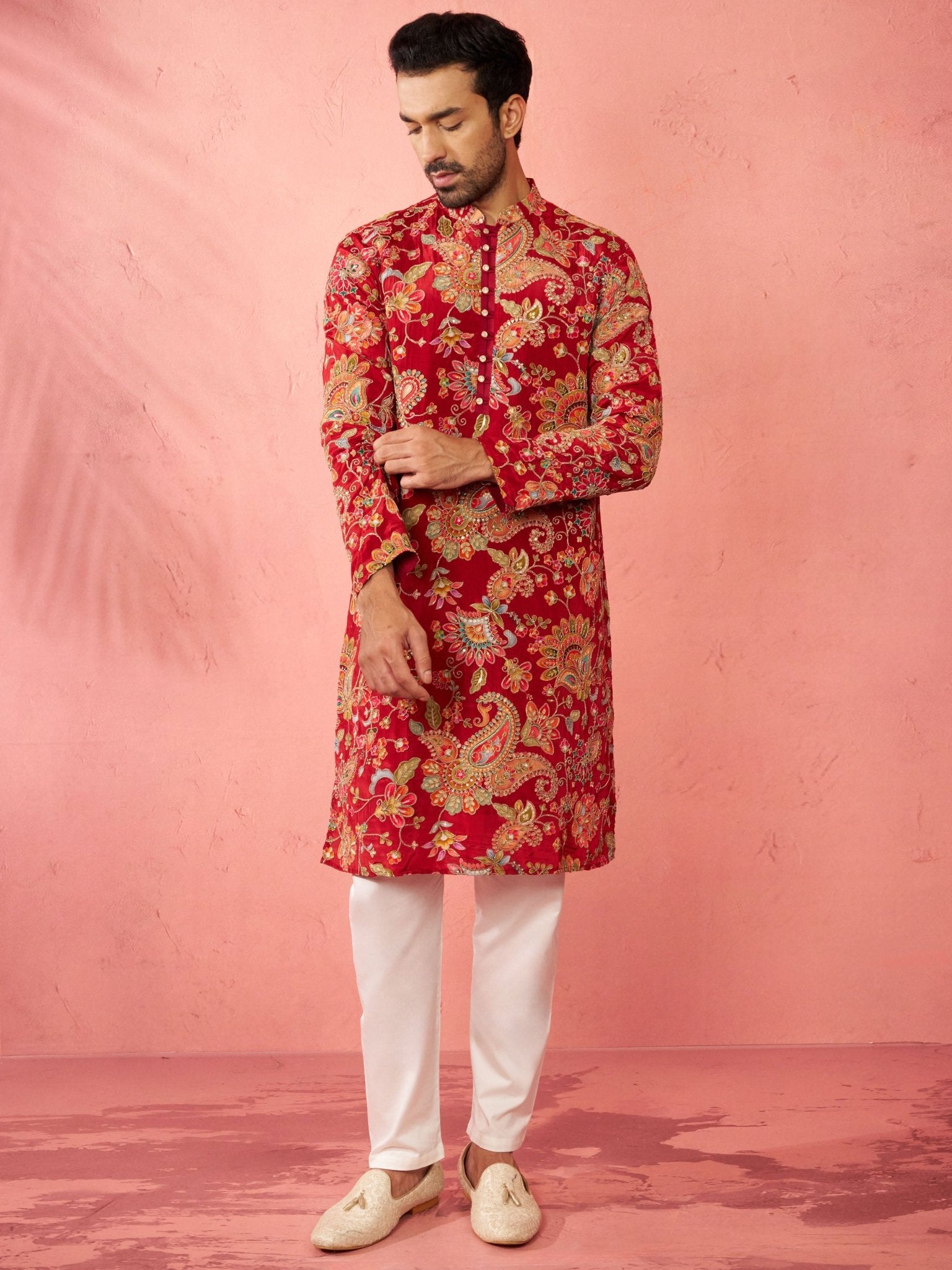 vastramayMen's Maroon Crepe Zari Embroidered Kurta Pyjama Set