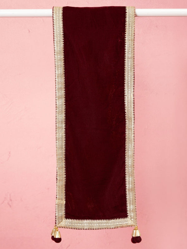 vastramayMen's Maroon Solid Velvet Kurta with Tassel Dupatta