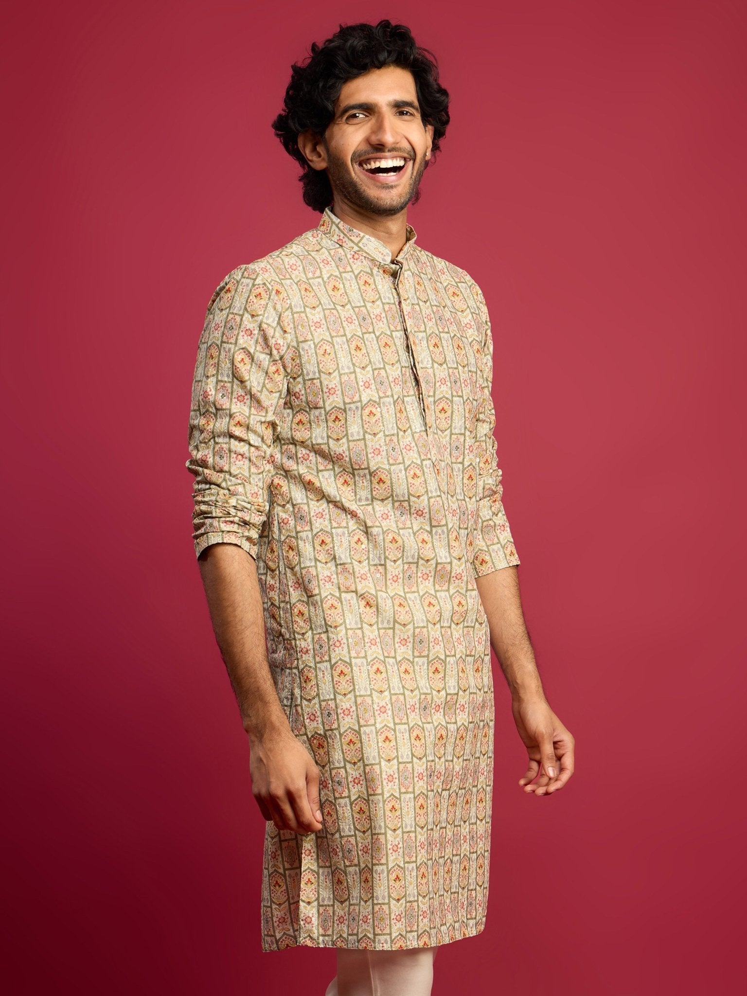 vastramayMen's Mint Green Cotton Blend Digital Print Sequin Long Kurta