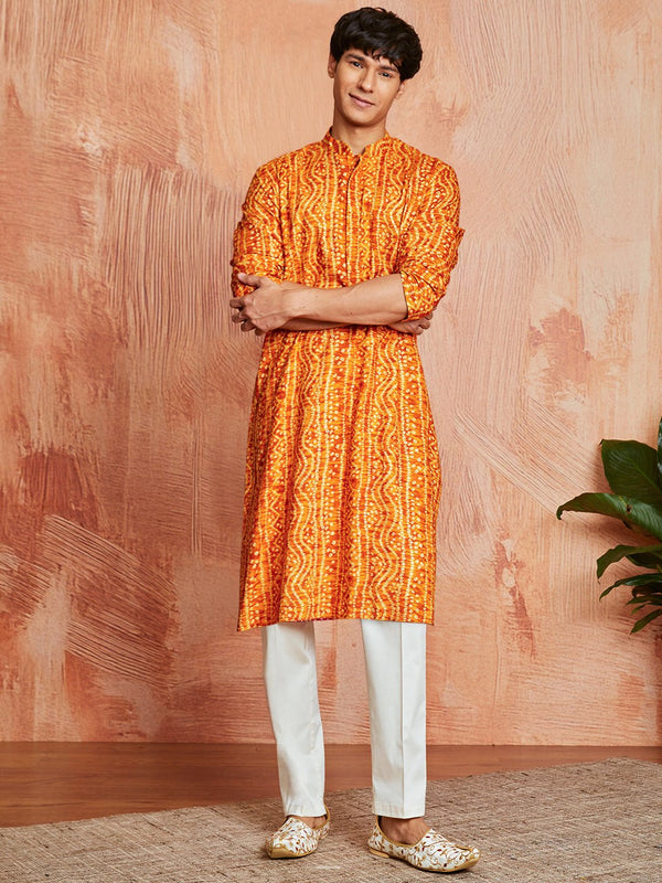 vastramayMen's Mustard Foil Bandhani Digital Print Rayon Kurta with Cream Viscose Pyjama