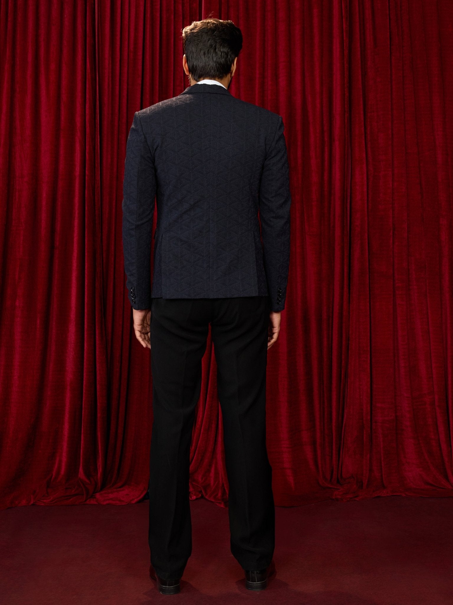 vastramayMen's Navy Blue Embossed Bafta Blazer & Black Straight Pant Co - ord Set