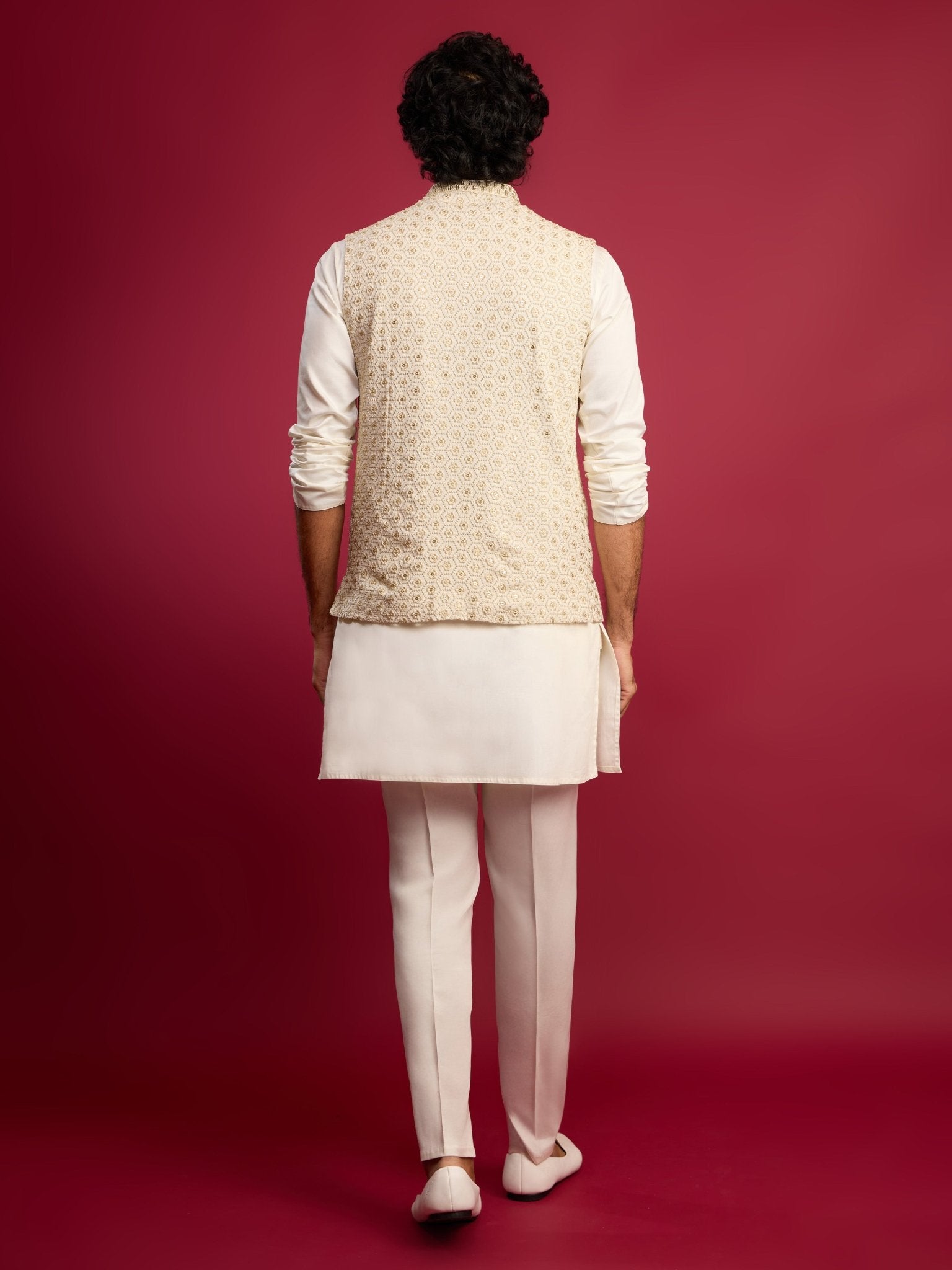 vastramayMen's Off White Chikankari Nehru Jacket with Cream Satin Kurta Pant Set