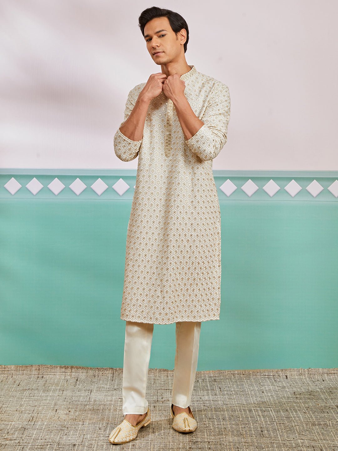 vastramayMen's Off White Chikankari Rayon Kurta with Cream Fine Satin Pyjama