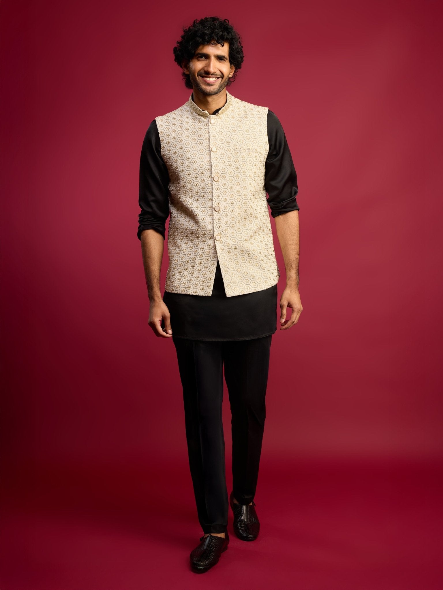 vastramayMen's Off - White Sequin Embroidered Nehru Jacket with Black Satin Kurta & Pants Set