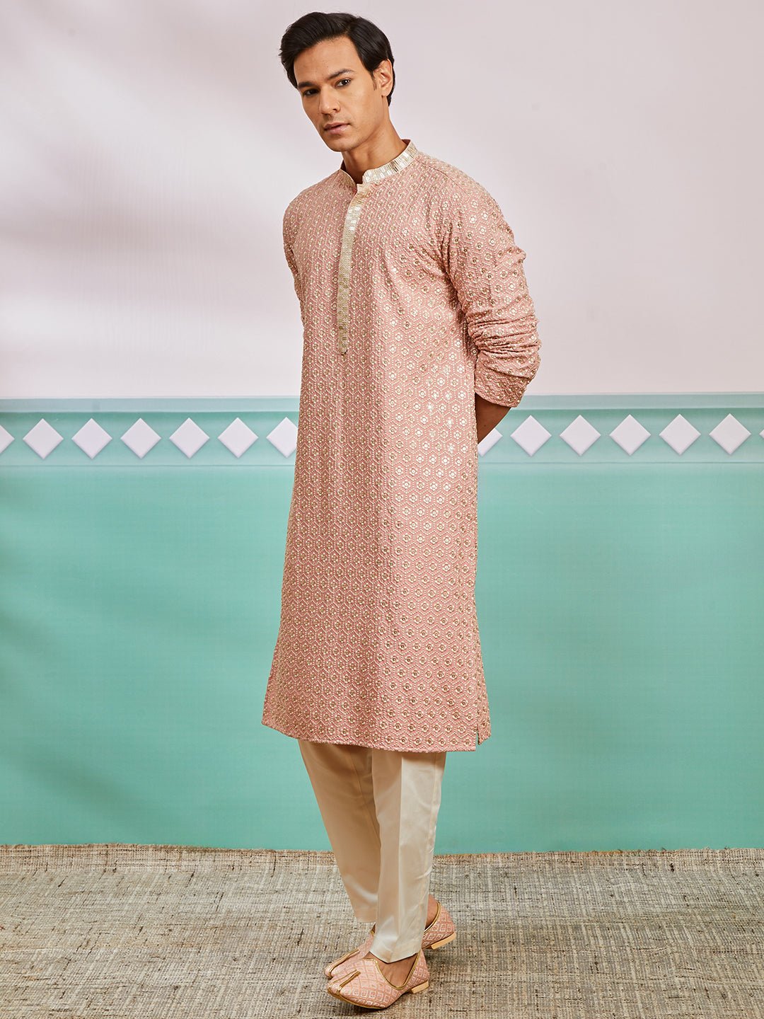 vastramayMen's Peach Chikankari Rayon Kurta with Cream Fine Satin Pyjama