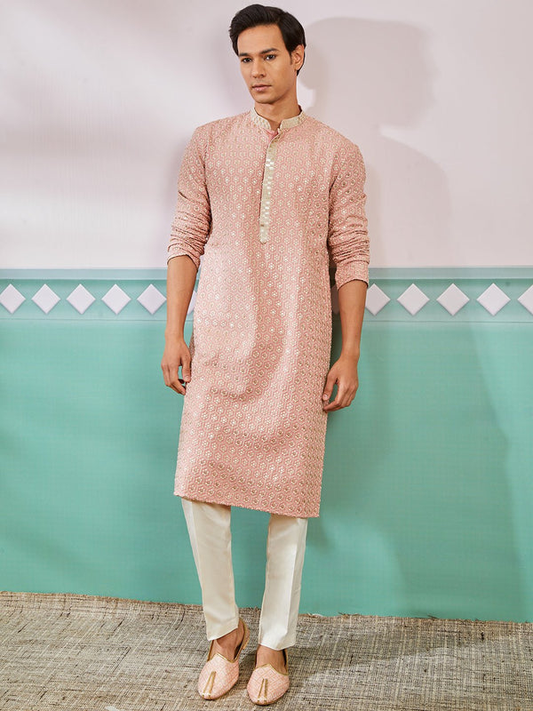 vastramayMen's Peach Chikankari Rayon Kurta with Cream Fine Satin Pyjama