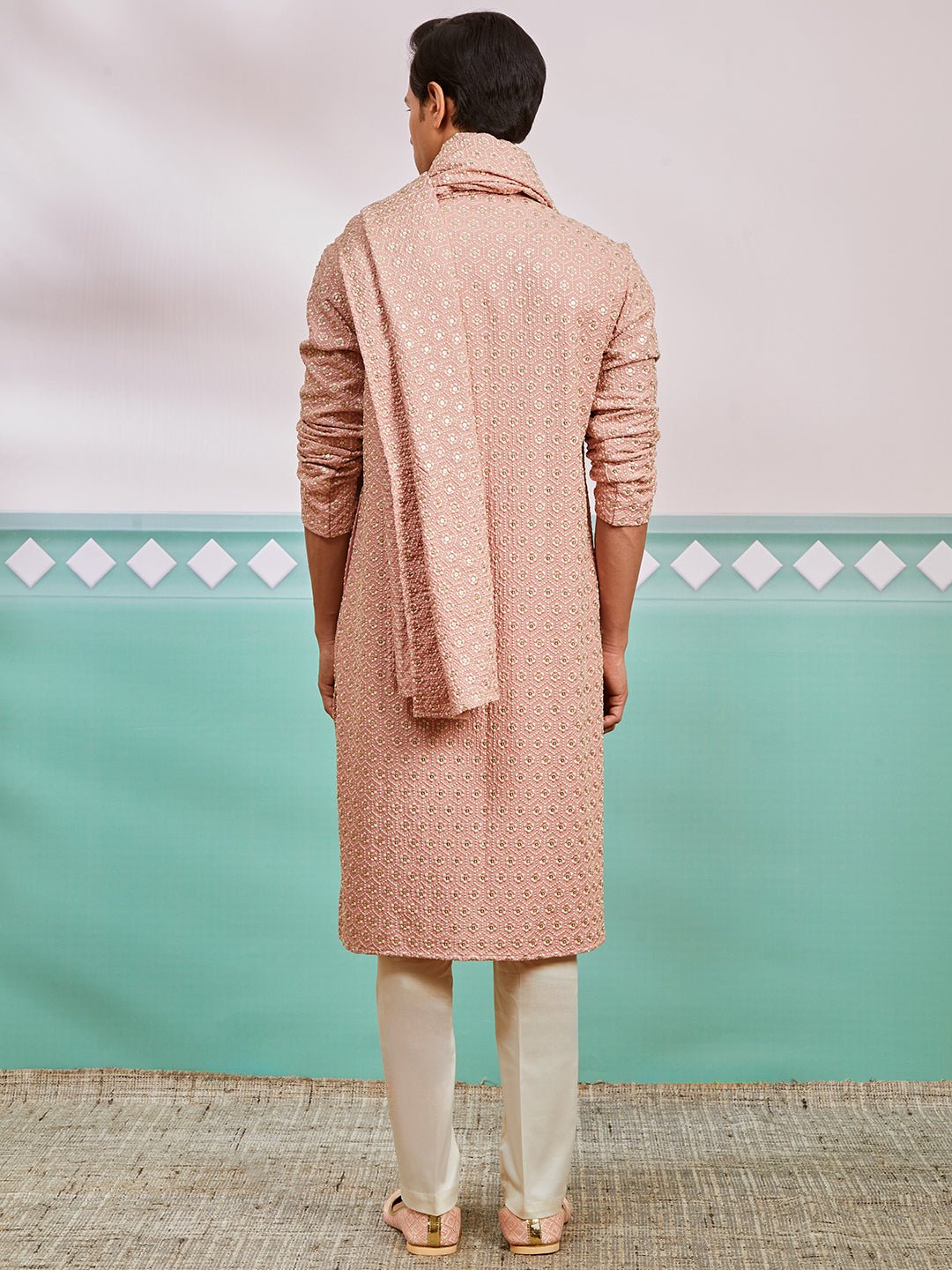 vastramayMen's Peach Chikankari Rayon Kurta with Cream Pyjama & Peach Embroidered Dupatta
