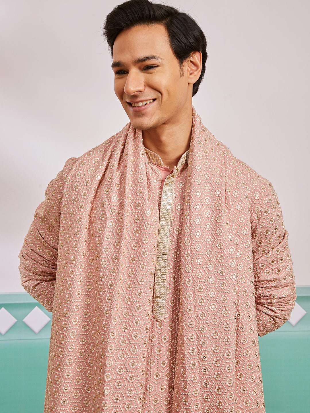 vastramayMen's Peach Chikankari Rayon Kurta with Cream Pyjama & Peach Embroidered Dupatta