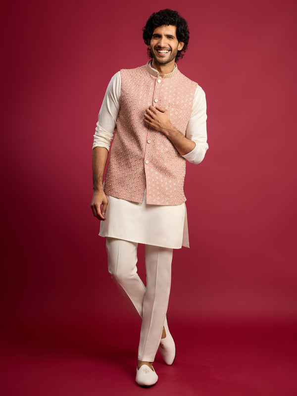 vastramayMen's Peach Sequin & Thread Embroidered Nehru Jacket with Cream Satin Kurta & Pants Set
