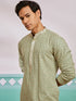 vastramayMen's Pista Green Chikankari Rayon Kurta with Cream Fine Satin Pyjama