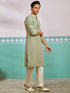 vastramayMen's Pista Green Chikankari Rayon Kurta with Cream Fine Satin Pyjama